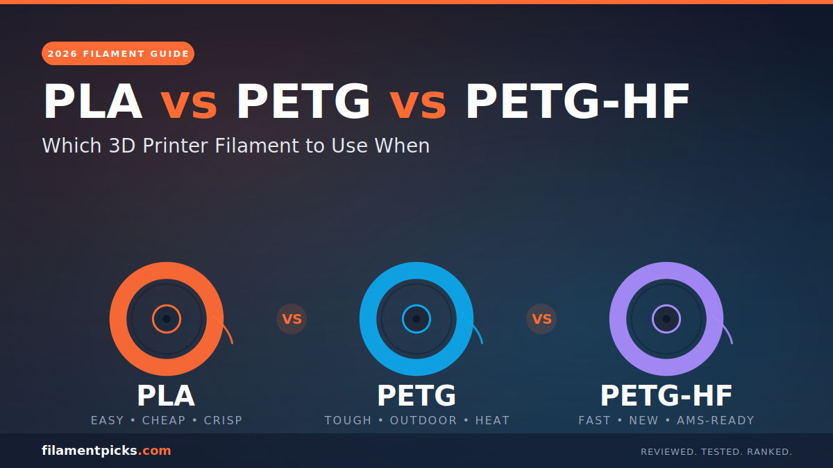 PLA vs PETG vs PETG-HF 3D printer filament comparison guide 2026