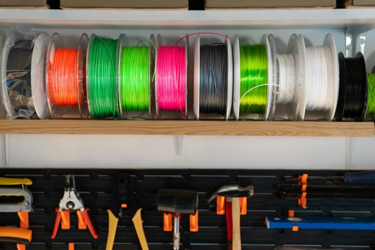 Colorful 3D printing filament spools stored together