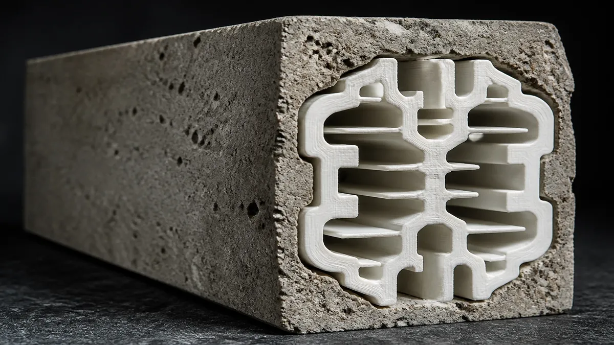 FDM-printed PLA reinforcement profile embedded in a cement mortar beam, University of Sharjah research