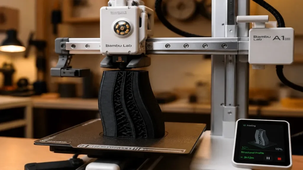 Bambu Lab 3D printer printing a PLA structural reinforcement profile for concrete beam testing