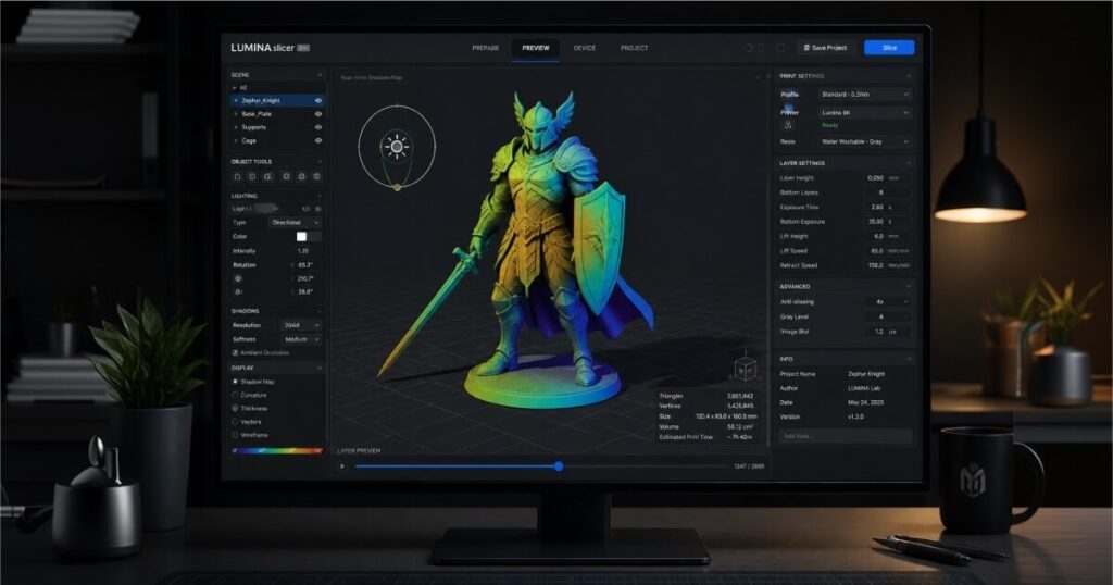 Slicer software interface calculating virtual light sources and shadow maps for multi-material 3D printing.
