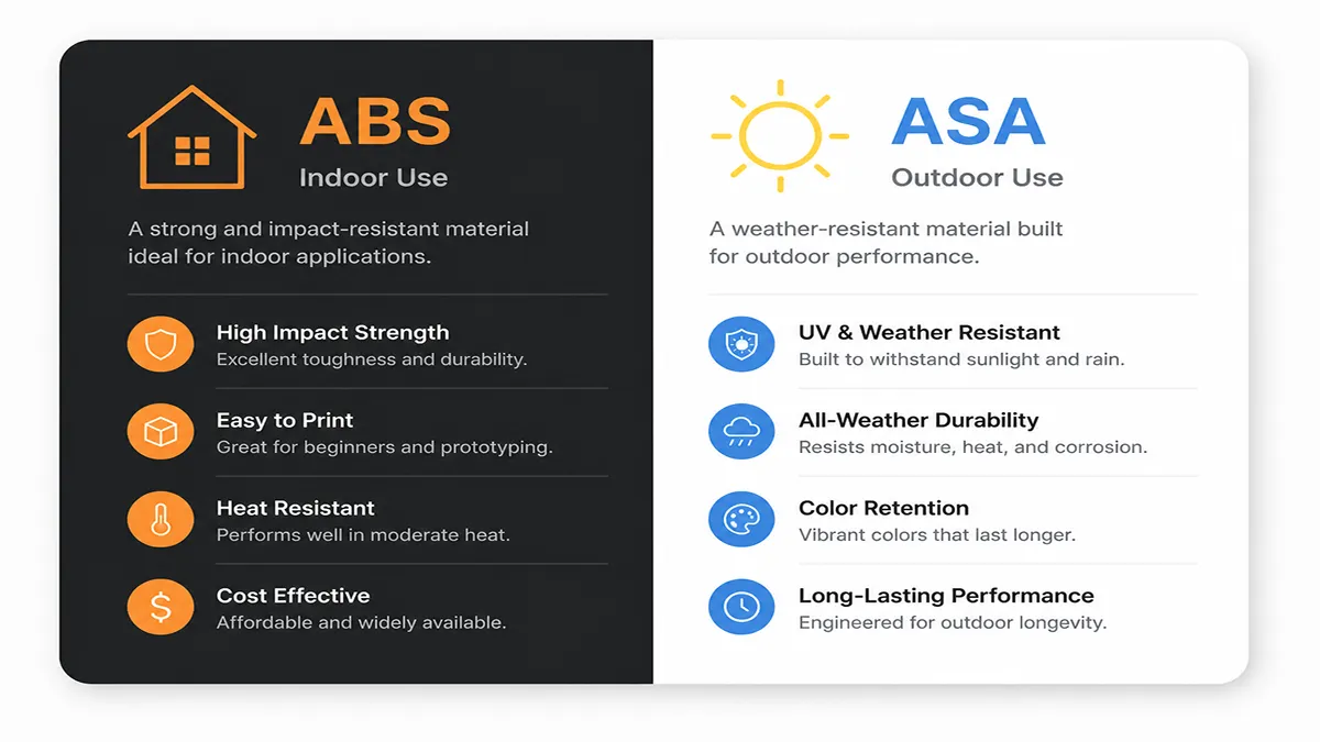 Side-by-side comparison chart of ABS vs ASA filaments for Bambu Lab 3D printers, highlighting indoor use for ABS and outdoor UV resistance for ASA