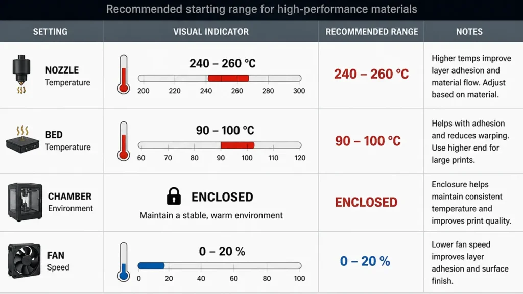 ASA print settings table for Bambu Lab showing nozzle 240 to 260 degrees, bed 90 to 100 degrees, chamber enclosed, part cooling 0 to 20 percent