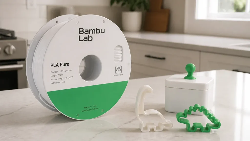Bambu Lab PLA Pure filament spool on a home kitchen counter with printed toys