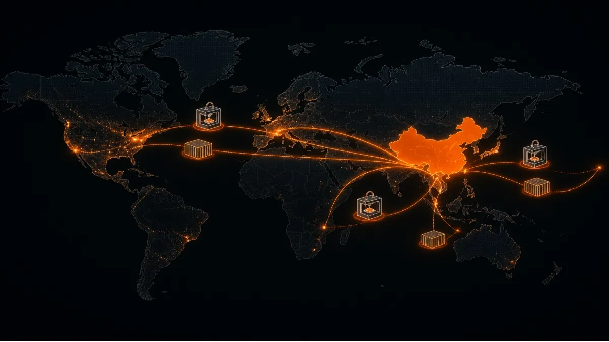 World map showing China's 3D printer export routes to global markets