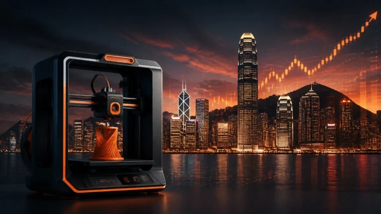 Creality 3D printer with Hong Kong stock exchange skyline representing IPO listing