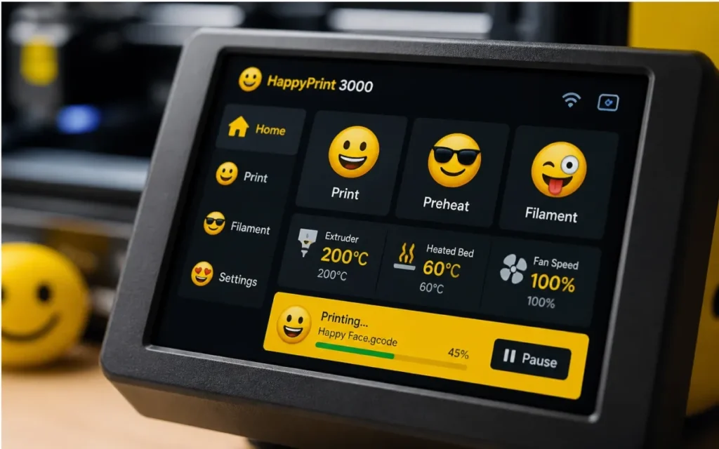 Custom emoji-themed touchscreen interface on the ELEGOO Centauri Carbon 2 Combo