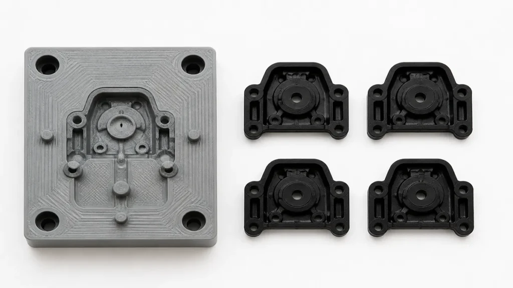 3D printed mold insert next to finished injection-molded parts
