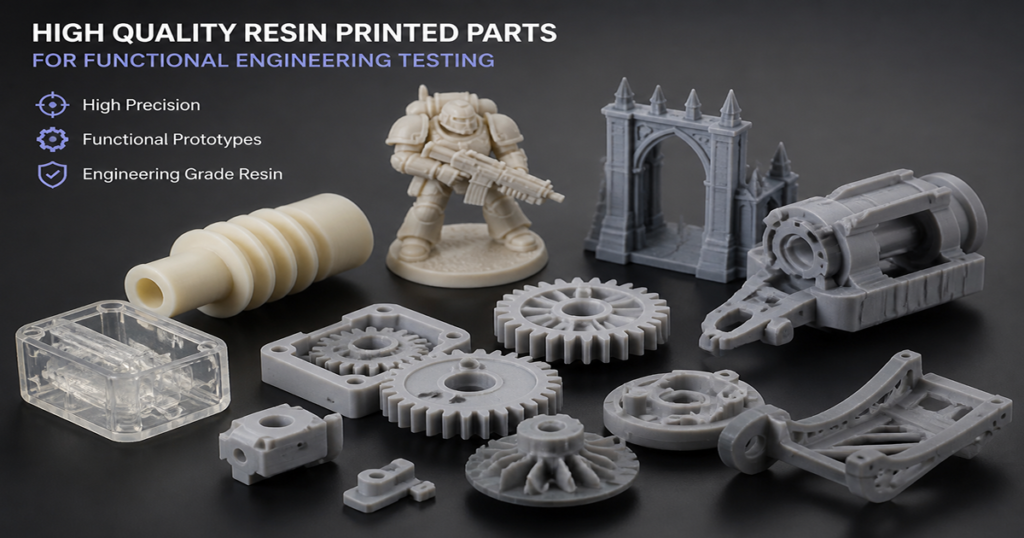 High quality resin printed mechanical parts and miniatures used for functional engineering testing