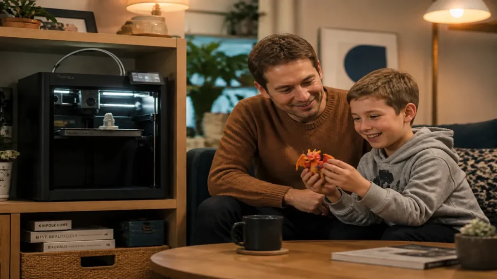  Family using a Bambu Lab 3D printer safely at home