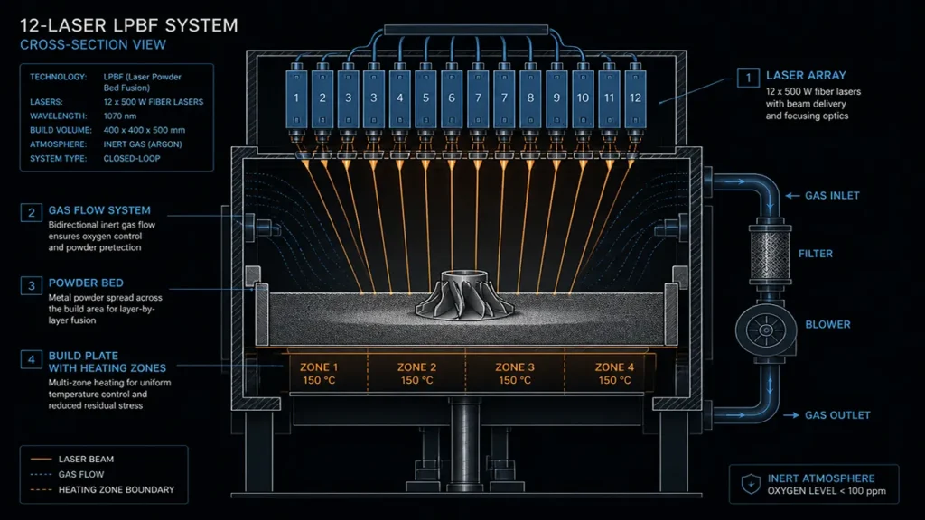 Technical diagram of Divergent Monolith One 12-laser LPBF system with 700x700x835mm build volume and 24kW total power