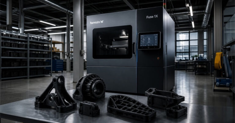 New Formlabs Fuse X1 industrial selective laser sintering SLS 3D printer platform producing end-use nylon parts on a factory floor.