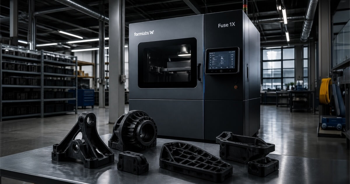 New Formlabs Fuse X1 industrial selective laser sintering SLS 3D printer platform producing end-use nylon parts on a factory floor.