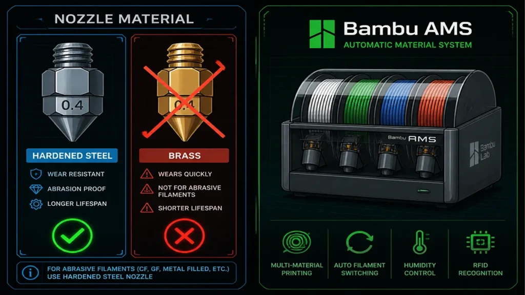 Diagram explaining hardware requirements for printing carbon fiber nylon on Bambu Lab, highlighting the absolute need for a hardened steel nozzle and AMS feeding limitations.