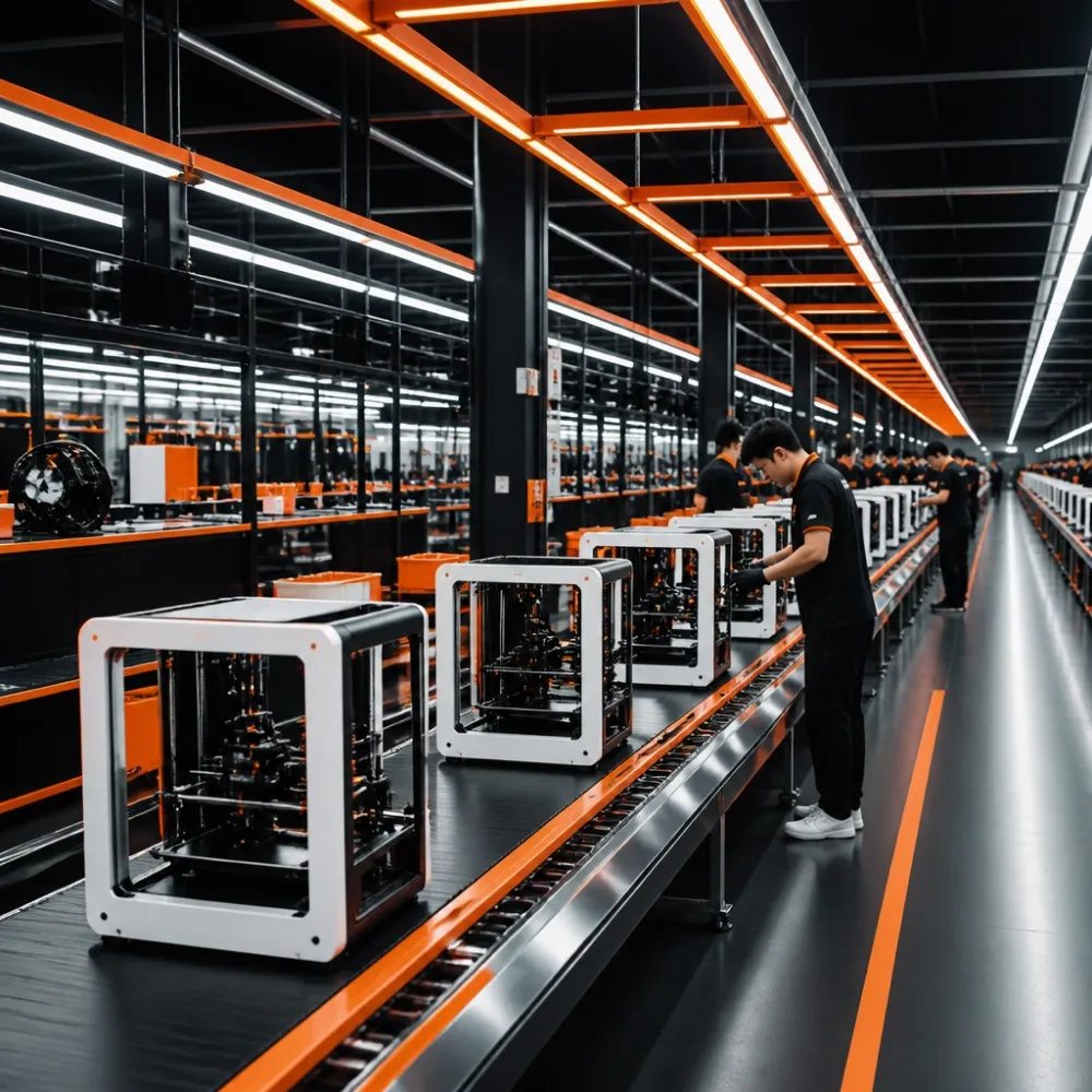 Shenzhen factory assembly line producing desktop 3D printers
