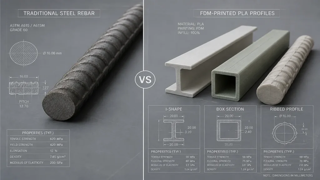 Comparison of steel rebar versus 3D-printed PLA geometric profiles for concrete reinforcement