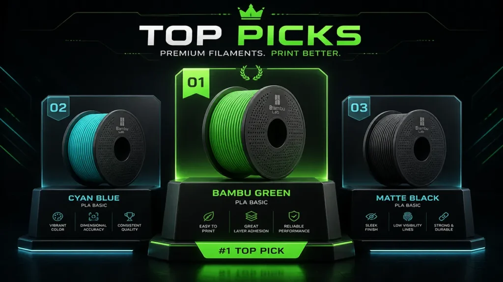Hero graphic ranking the best nylon and PA-CF filaments for Bambu Lab 3D printers in 2026, featuring Bambu PA6-CF, PAHT-CF, and eSUN PA-CF.