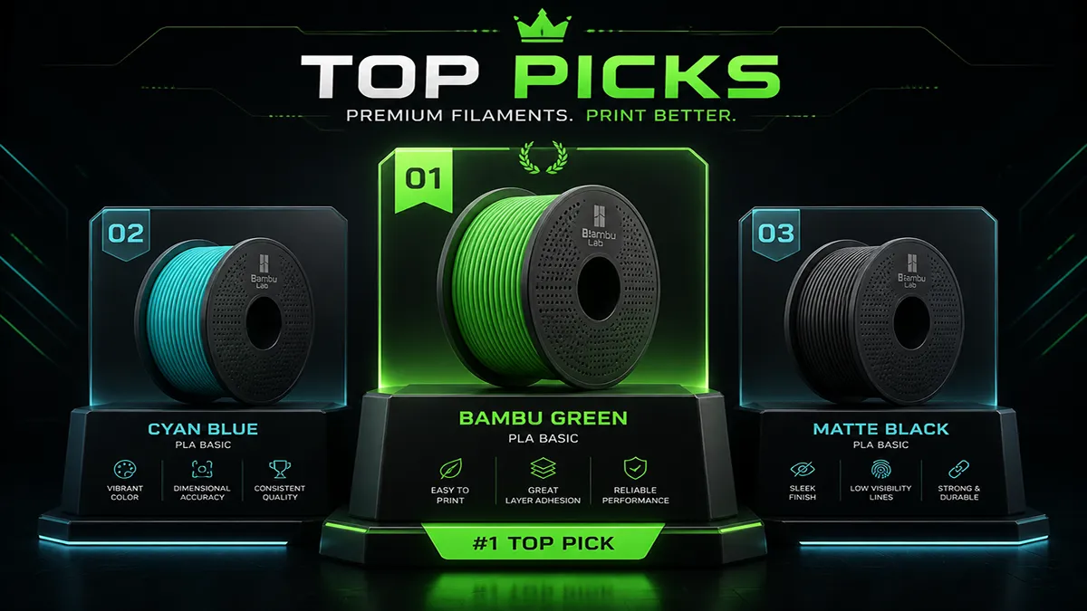 Hero graphic ranking the best nylon and PA-CF filaments for Bambu Lab 3D printers in 2026, featuring Bambu PA6-CF, PAHT-CF, and eSUN PA-CF.