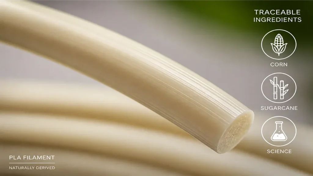 Close-up of PLA Pure filament made from corn and sugarcane derivatives 