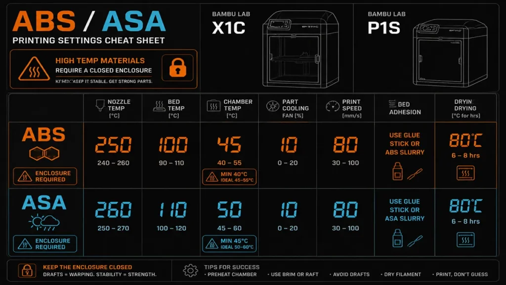 Recommended 3D slicer print settings for ABS and ASA filaments on Bambu Lab X1C and P1S printers, showing optimal nozzle and bed temperatures.