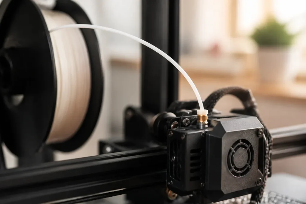 A filament strand feeding an open-frame printer, the setup the A1 handles best.