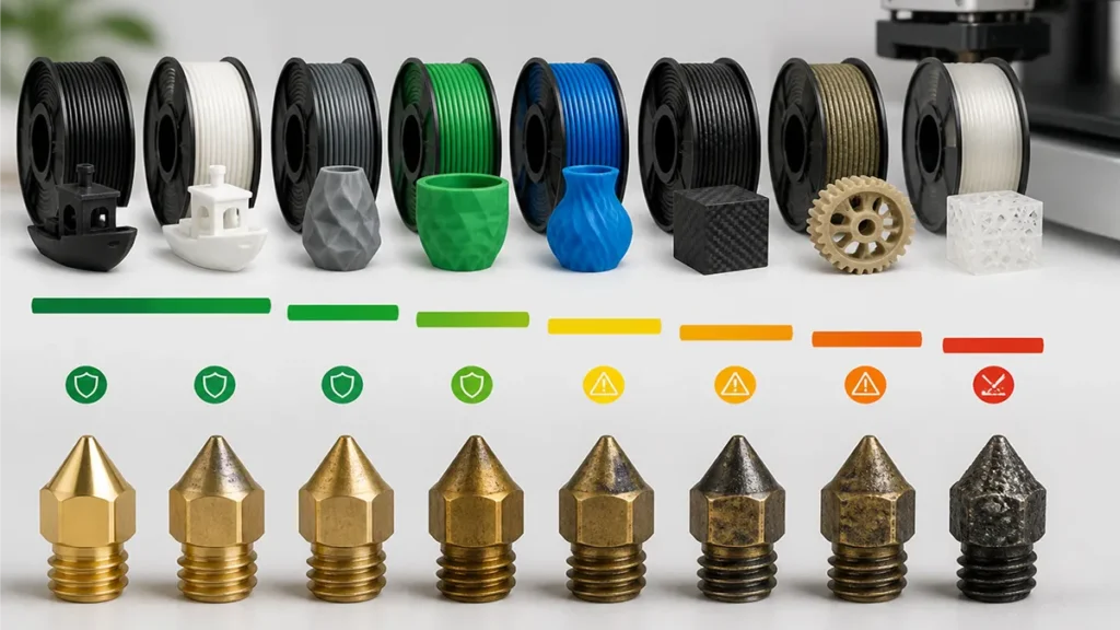 Nozzle lifespan chart: PLA/PETG 500-1000h, carbon fiber 200-500h, wood and glow 50-200h