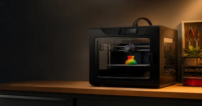 Enclosed desktop 3D printer mid-print, illustrating our best filament for Bambu P1S picks for 2026.
