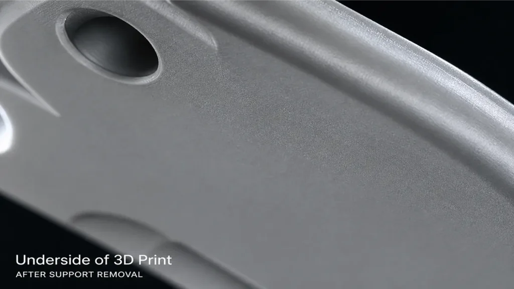 Macro of a clean support interface, showing the smooth underside breakaway support leaves behind.
