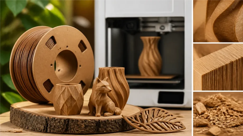 The best wood filament for Bambu Lab: Bambu PLA Wood and SUNLU Wood PLA with grain texture