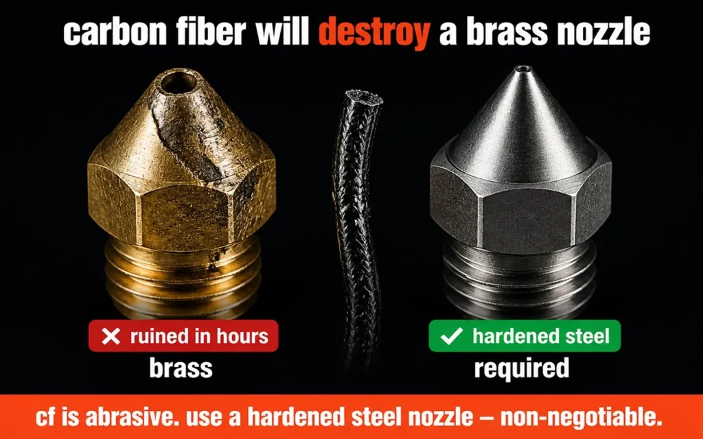 Carbon fiber filament destroys brass nozzles — use a hardened steel nozzle on Bambu Lab printers