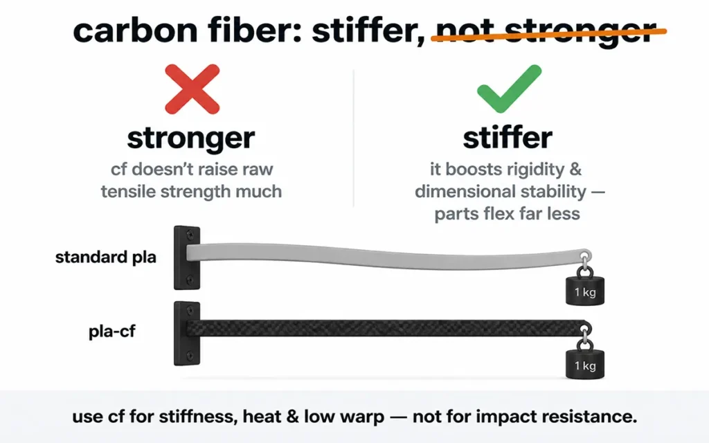 Carbon fiber filament makes 3D prints stiffer and more dimensionally stable, not stronger in raw tensile strength