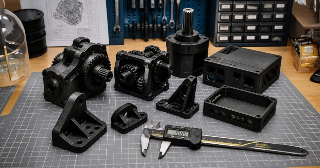 End-use functional SLS nylon components, gearboxes, and enclosures printed using industrial powder bed fusion technology.