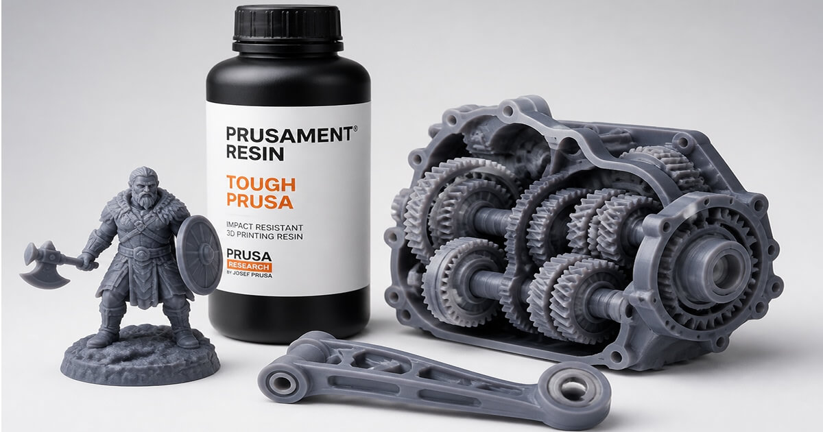 • Alt Text: ```text New Prusament Resin Model plus bottle and high detail SLA 3D printed mechanical part showing impact resistance and premium quality.