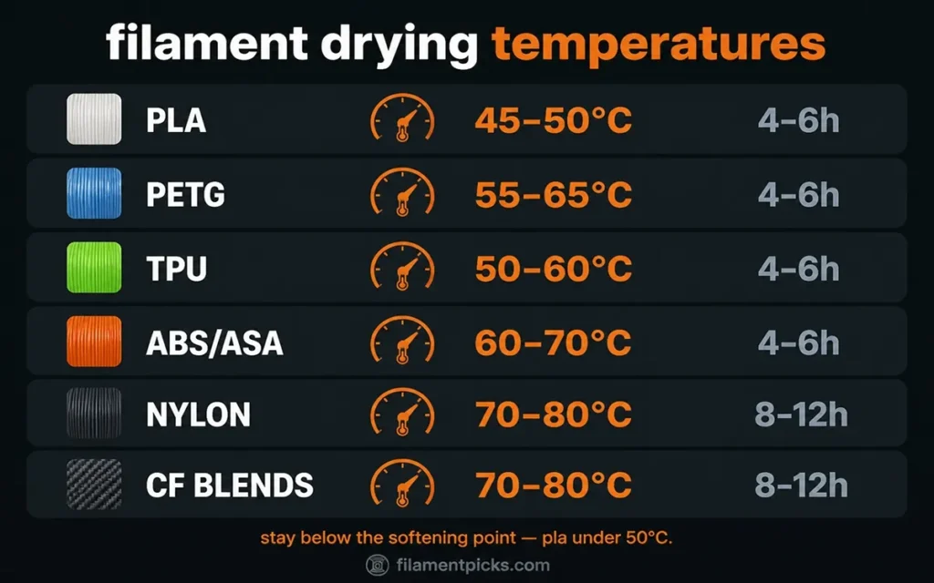 Filament drying temperatures for Bambu Lab — PLA 45-50C, PETG 55-65C, nylon and CF 70-80C