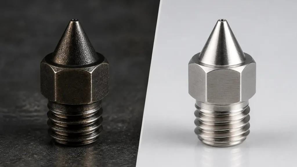 Three Bambu Lab nozzles compared: stainless steel, hardened steel and tungsten carbide