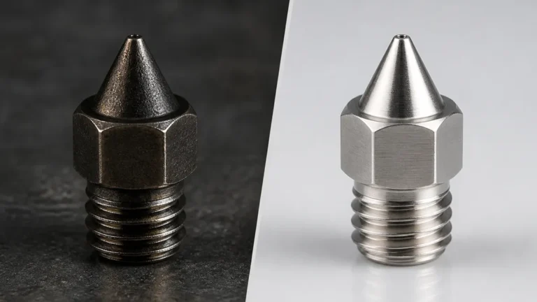 Three Bambu Lab nozzles compared: stainless steel, hardened steel and tungsten carbide
