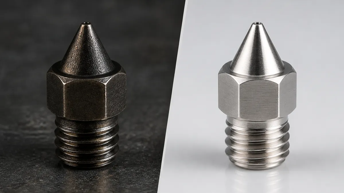 Three Bambu Lab nozzles compared: stainless steel, hardened steel and tungsten carbide