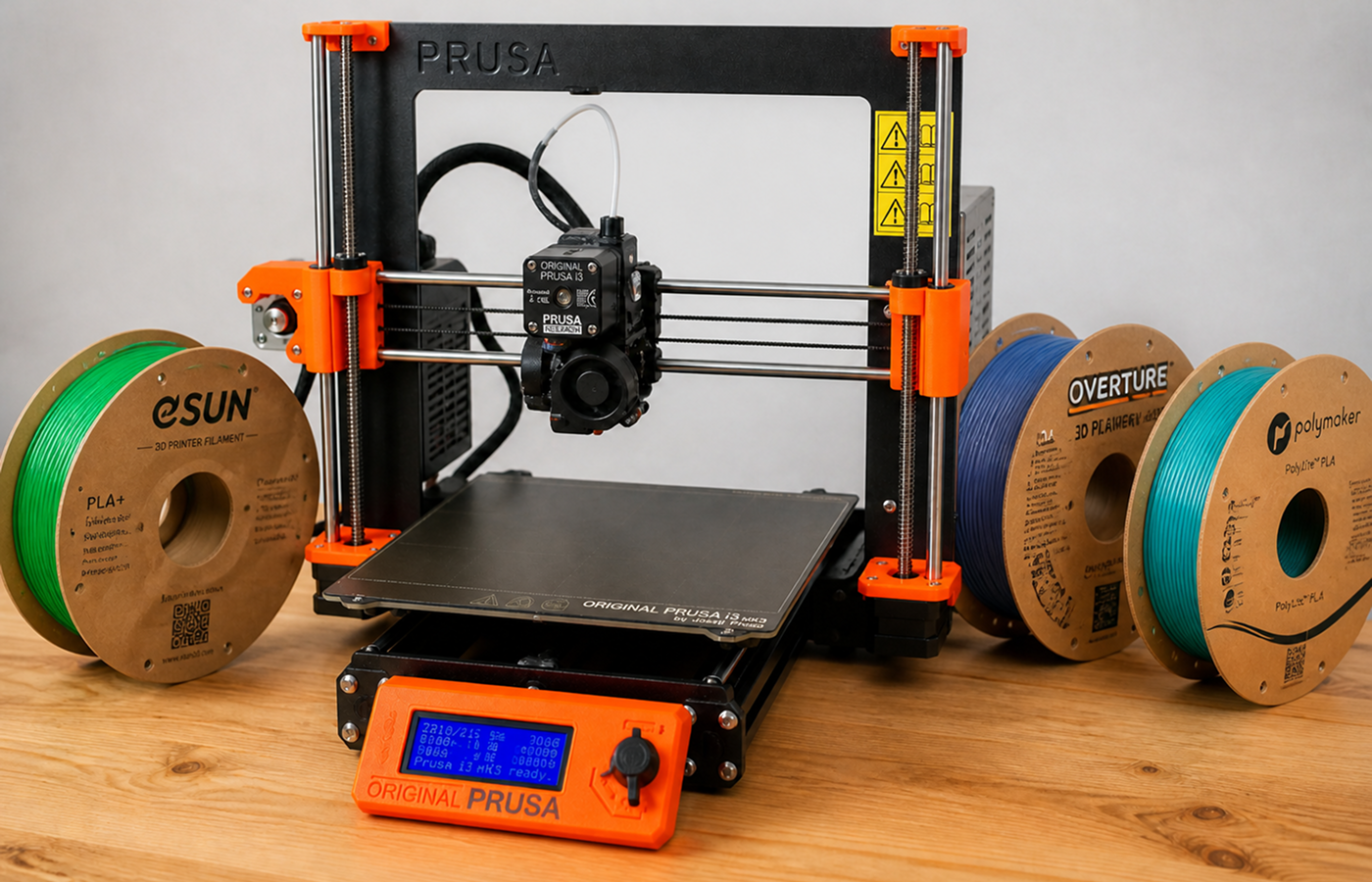 eSUN vs Polymaker vs Overture PETG filaments next to a 3D printer