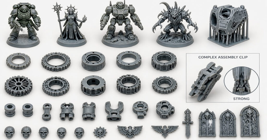 High quality resin printed mechanical parts, connectors, and detailed miniatures showing tight tolerances and superior surface finish for US makers.
