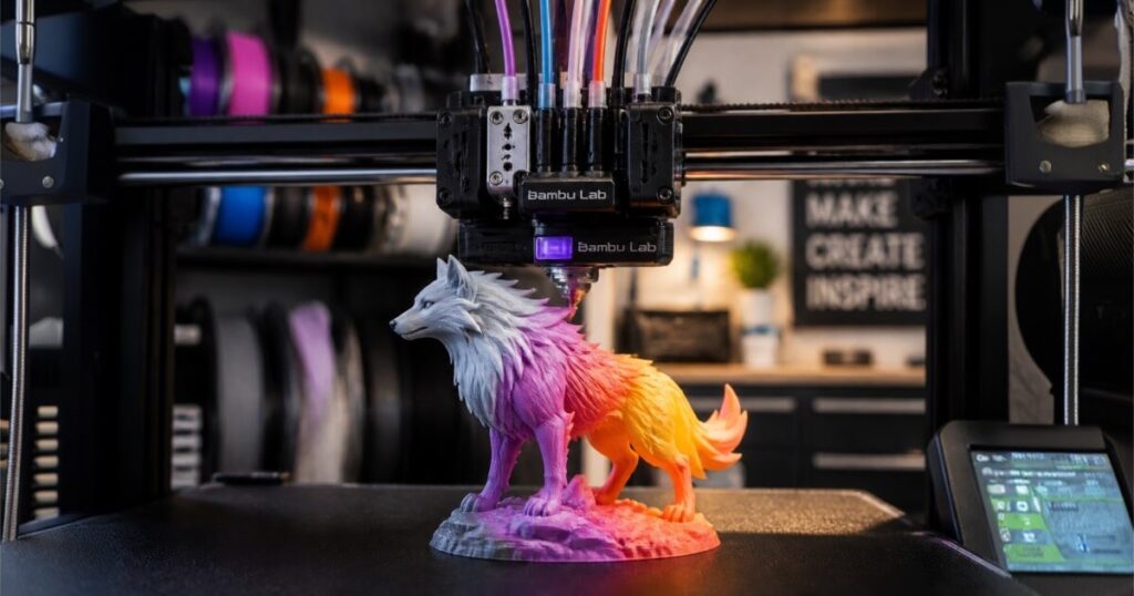 A multi-material 3D printer utilizing an automatic filament changer to print smooth halftone gradients and shaded models.