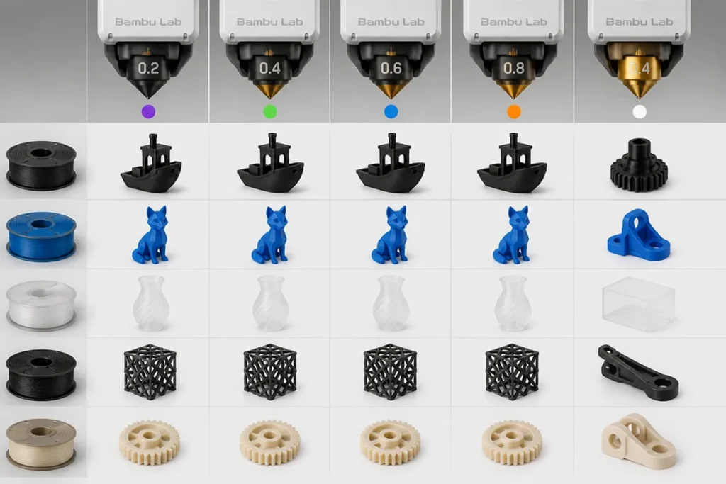 Matrix showing stainless steel for PLA PETG ABS TPU and hardened steel for CF GF wood glow metal