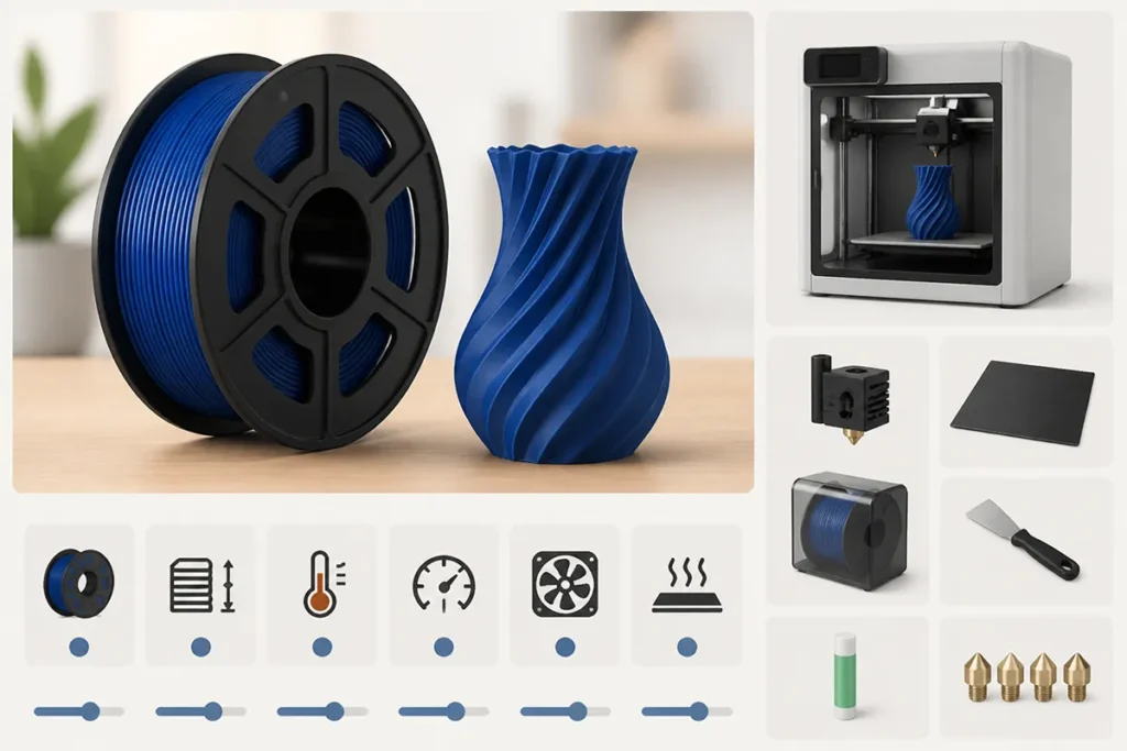 Recommended PLA+ settings for Bambu Lab: nozzle 215-230C, bed 50-70C, slightly higher than PLA
