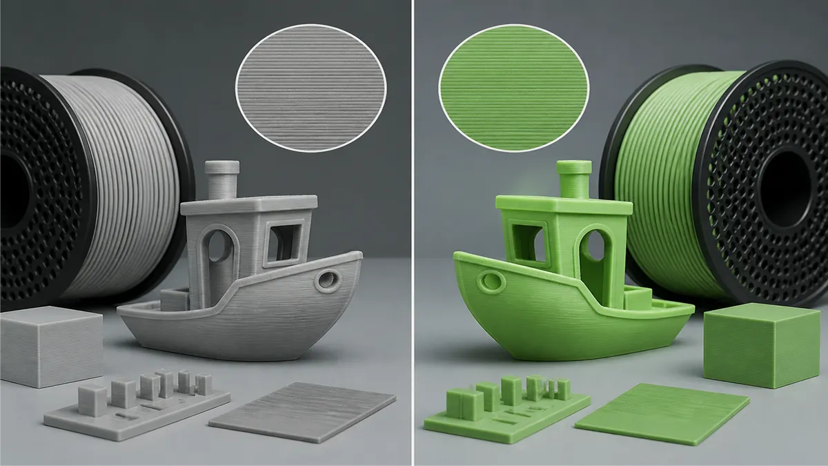 Split comparison of standard PLA and PLA+ filament spools for Bambu Lab printers
