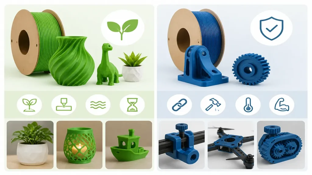 Decision chart: choose PLA for display models, choose PLA+ for functional and handled parts