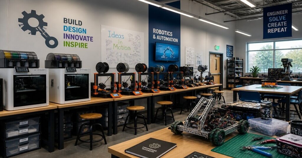 A university engineering lab and makerspace utilizing affordable desktop 3D printers that could be impacted by AB 2047.