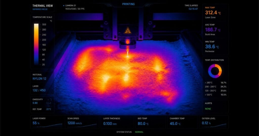 Adaptive thermal control system and computer vision monitoring layers inside an industrial SLS 3D printer build chamber.