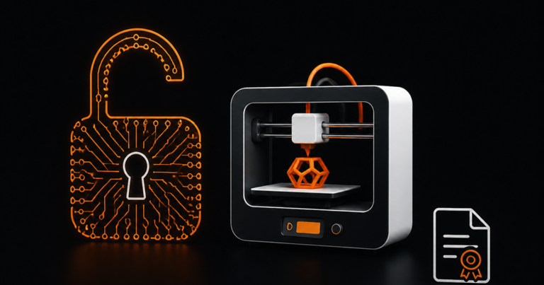 Open source license and 3D printer icon illustration representing AGPLv3 dispute
