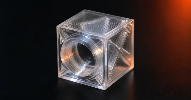 Transparent 3D printed part showing optical clarity achieved with PETG filament on a Bambu Lab printer