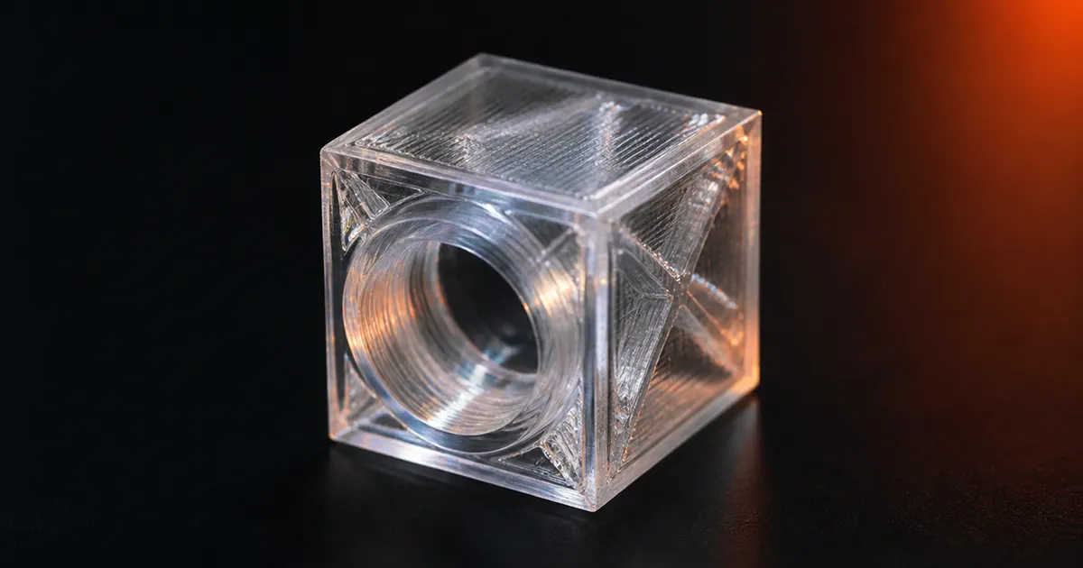 Transparent 3D printed part showing optical clarity achieved with PETG filament on a Bambu Lab printer