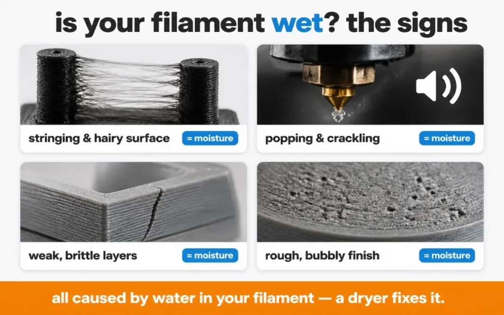 Signs of wet filament on Bambu Lab — stringing, popping, brittle layers and rough surface finish